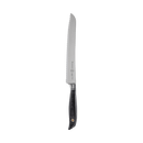 The Messermeister Blacksmith Scalloped Slicing Knife - 8.5", featuring a silver German stainless steel blade and black handle, is shown against a plain white background.
