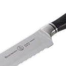 Close-up of the Messermeister Blacksmith Scalloped Slicing Knife - 8.5" featuring a serrated stainless steel blade and dark polished handle, highlighting classic German craftsmanship and the Messermeister brand logo.