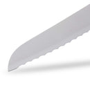 Close-up of the Messermeister Blacksmith Scalloped Slicing Knife - 8.5", showcasing its sharp, scalloped German stainless steel blade against a white background.