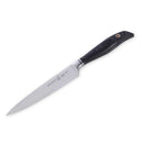 A Messermeister chef’s knife with a sharp, pointed high-carbon stainless steel blade and black ergonomic handle, featured on white—part of the Messermeister Blacksmith Next Level Block Set - 5 Piece.