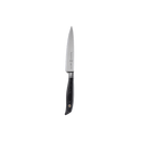 The Messermeister Blacksmith Utility Knife - 6" features a pointed stainless steel blade and a black textured handle, shown vertically against a plain white background.
