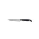 The Messermeister Blacksmith Utility Knife - 6", crafted from German stainless steel with a black ergonomic handle, is displayed on a plain white background.