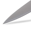 Close-up of the pointed tip of the Messermeister Blacksmith Utility Knife - 6", highlighting its sharp German stainless steel blade and smooth, brushed finish against a white background.