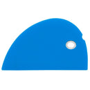 The Messermeister Blue Silicone Bowl Scraper is a semi-circular, dishwasher-safe tool with a round hole near the curved edge, ideal for baking or cooking tasks.