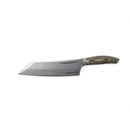 The Messermeister Carbon Bunka Chef’s Knife - 8" features a straight-edge, sharp angled tip, full-carbon steel blade in grey, and a textured wooden handle, displayed on a plain white background.