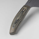 Close-up of the Messermeister Carbon Bunka Chef's Knife - 8" handle, featuring wood grain texture and two metallic rivets, set against a light gray background.