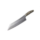 The Messermeister Carbon Next Level Block Set - 5 Piece features a large carbon steel kitchen knife with a wide, straight-edged, stonewashed blade and angled tip, plus a polished wooden handle—perfect for any chef set or magnetic knife block.