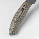 Close-up of the Messermeister Carbon Paring Knife - 3.5" handle, crafted from polished, layered wood with a smooth finish and two metal rivets securing it to the high-carbon steel blade.