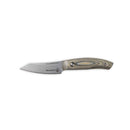 The Messermeister Carbon Paring Knife - 3.5" features a short, straight-edged high-carbon steel blade, a textured wooden handle with visible tang and rivet, and the Messermeister logo on the blade.