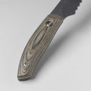 Close-up of the Messermeister Carbon Scalloped Knife - 9", showing a wooden handle with grain pattern, two metal rivets, and part of its serrated blade against a plain light background.