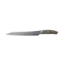 The Messermeister Carbon Scalloped Knife - 9" features a long silver blade and a textured wooden handle, displayed against a plain white background.