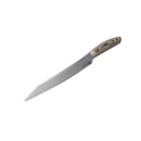 The Messermeister Carbon Slicer - 9", featuring a pointed blade and patterned wooden handle, is displayed on a white background.