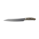 The Messermeister Carbon Slicer - 9" is a long, narrow carbon steel knife with a straight-edged, pointed blade and a wooden handle, shown isolated on a white background.