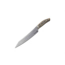 The Messermeister Carbon Utility - 6" is a large kitchen knife with a wide, curved high-carbon steel blade and a wooden handle by Messermeister, shown on a plain white background.