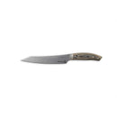 The Messermeister Carbon Utility - 6" is a kitchen knife with a wooden handle and sharp, angular high-carbon steel blade, shown on a white background.