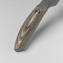 Close-up of the Messermeister Carbon Utility - 6" handle with a wood-grain pattern and two metal rivets, set against a plain light gray background. Part of the high-carbon steel blade is visible in the top right corner.