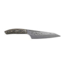 The Messermeister Chef April Bloomfield Carbon Chef's Knife - 6.5" features a high-carbon steel blade with an engraved floral design near the base, a wooden handle secured by two metal rivets, and is crafted by Messermeister.
