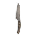 The Messermeister Chef April Bloomfield Carbon Chef's Knife - 6.5" is a high-carbon steel chef’s knife with a unique angular blade and wooden handle, shown on a plain white background.