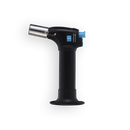 The Messermeister Cheflamme Mini Culinary Torch by Messermeister is a black handheld kitchen torch with a textured grip, metal nozzle, and blue ignition button, shown upright against a white background.