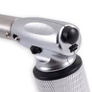 Close-up of a metallic pump head with textured handle, black release button, and nozzle connector—offering precision similar to the Messermeister Cheflamme Culinary Torch by Messermeister.