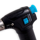 Close-up of the Messermeister Cheflamme Mini Culinary Torch by Messermeister. This black torch features a blue CONTINUOUS switch, blue nozzle, and textured grip—ideal for precise flame control in the kitchen or when caramelizing crème brûlée.