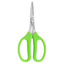 The Messermeister Culinary Scissors - 6" feature stainless steel blades and bright green plastic handles, shown with blades closed and handles pointing downward.