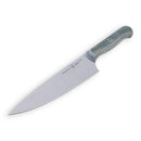 The Messermeister Custom Blue Chef's Knife - 8", featuring an all-purpose blade and a blue-green wooden handle, is displayed on a white background.