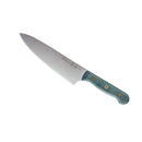 The Messermeister Custom Blue Chef's Knife - 8" features a wide, shiny stainless steel all-purpose blade and an ergonomic blue handle with two brass rivets—designed for comfort and versatility in any kitchen.
