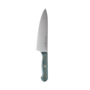 The Messermeister Custom Blue Chef's Knife - 8" features an ergonomic design, sharp stainless steel blade, and a teal handle with two brass rivets, showcased on a plain white background.