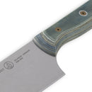 Close-up of the Messermeister Custom Blue Chef's Knife - 8" showing the all-purpose blade marked "Solingen, Germany," and the ergonomic, polished layered wood handle with visible screws.