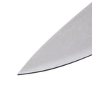 Close-up of the sharp tip of a Messermeister Custom Blue Chef's Knife - 8" blade against a white background.
