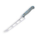 The Messermeister Custom Blue Cheese & Tomato Knife - 5" features a blue wooden handle and a stainless steel blade with rectangular cutouts and a two-pronged tip, shown against a white background.