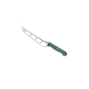 The Messermeister Custom Blue Cheese & Tomato Knife - 5" features a silver blade with large cutouts, a forked tip, and a dark green handle with two brass rivets, all shown isolated on a white background.