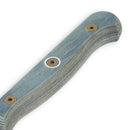 A close-up of the Messermeister Custom Blue Cheese & Tomato Knife - 5" shows a curved, blue-gray wooden handle with visible layered grain and three metal screws. The smooth, ergonomic handle is crafted by Messermeister.