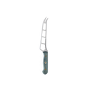 The Messermeister Custom Blue Cheese & Tomato Knife - 5" has a green handle, a stainless steel blade with cut-out sections, and a forked tip, shown on a plain white background.