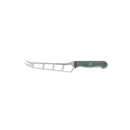 The Messermeister Custom Blue Cheese & Tomato Knife - 5" features a green handle and stainless steel blade with cut-outs and a forked tip—ideal for slicing and serving blue cheese on any charcuterie board.