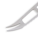 Close-up of the serrated, forked tip and cut-out blade design of the Messermeister Custom Blue Cheese & Tomato Knife - 5", photographed on a white background.