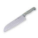 The Messermeister Custom Blue Kullens Santoku Knife - 7" is a professional kitchen knife with a stainless steel blade featuring oval indentations and a light wood handle, shown on a white background.