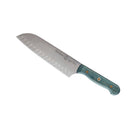 The Messermeister Custom Blue Kullens Santoku Knife - 7" features a hollow-ground blade and a turquoise handle with two gold rivets, shown on a white background.