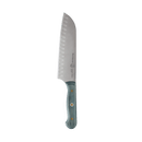 The Messermeister Custom Blue Kullens Santoku Knife - 7" features a wide, hollow-ground stainless steel blade with edge grooves and a blue-green handle, delivering professional kitchen quality. Isolated on a white background.