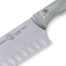 Close-up of a Messermeister Custom Blue Kullens Santoku Knife - 7" with a silver, hollow-ground blade featuring oval indentations and a wooden handle. The blade displays the Messermeister logo and product details near the edge.