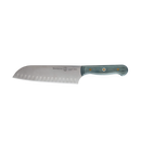The Messermeister Custom Blue Kullens Santoku Knife - 7", with a hollow-ground blade, silver finish, oval indentations, and a blue-green handle, is shown on a white background.