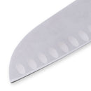 Close-up of the blade of the Messermeister Custom Blue Kullens Santoku Knife - 7", a professional kitchen knife with a sharp edge and oval-shaped indentations by Messermeister to reduce food sticking.