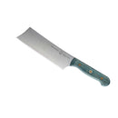 The Messermeister Custom Blue Nakiri Knife - 6.5" features a straight-edged stainless steel blade and greenish-blue handle with two brass rivets—perfect for precise vegetable prep. Shown against a white background.