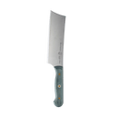 The Messermeister Custom Blue Nakiri Knife - 6.5" features a wide, rectangular silver blade and a blue-gray handle with brass rivets—ideal for precise vegetable cutting. Displayed on a plain white background.