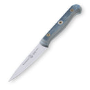 The Messermeister Custom Blue Paring Knife - 3.5" features a stainless steel blade, blue and gray wood-patterned handle with brass rivets. This precision knife by Messermeister is shown on a white background.