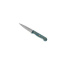 The Messermeister Custom Blue Paring Knife - 3.5" features a precision stainless steel pointed blade, an ergonomic teal handle with brass rivets, and is designed by Messermeister for comfort and control—shown on a white background.