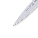Close-up of the pointed tip and blade of the Messermeister Custom Blue Paring Knife - 3.5", featuring the Messermeister logo on the metal. The ergonomic knife is shown against a plain white background.