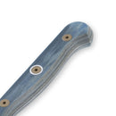 Close-up of the Messermeister Custom Blue Paring Knife - 3.5" handle with visible screws and layered texture, showing its ergonomic design and rounded edge against a white background.