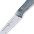 A close-up of the Messermeister Custom Blue Paring Knife - 3.5", featuring a blue and gray wooden handle and a stainless steel blade with engraved Messermeister branding and text.
